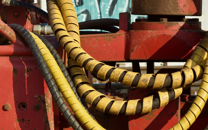 Flexibles hydrauliques protégés par des gaines spiralées jaunes et noires, sur une machine rouge