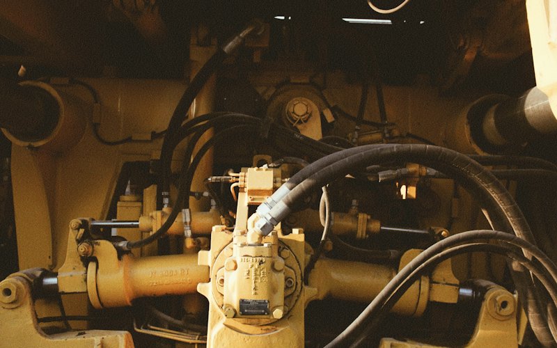 Flexibles hydrauliques noirs serrés autour d'une pompe, dans le compartiment d'un engin jaune